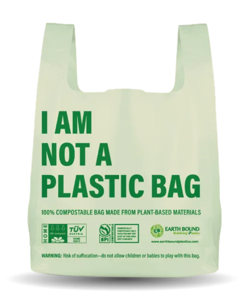 Compostable carry bag printed with 'I am not a plastic bag'