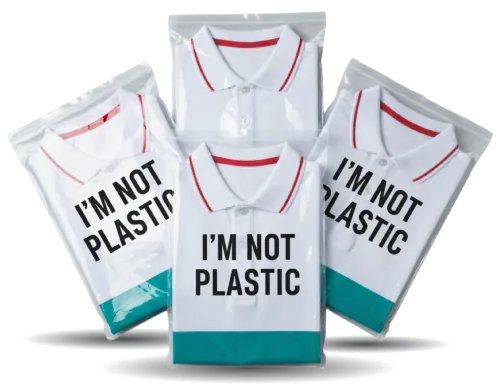 Compostable garment bags printed with 'I'm not plastic'