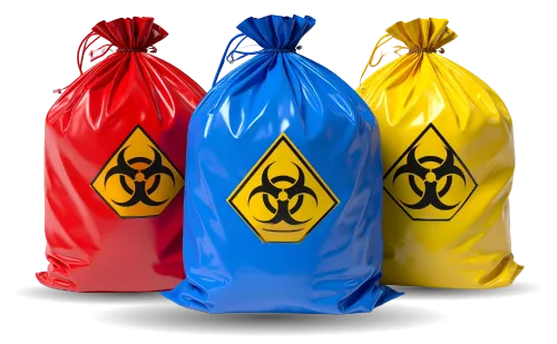 Red, blue and yellow biohazard-marked medical waste bags
