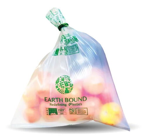 Transparent compostable produce bag holding fresh groceries