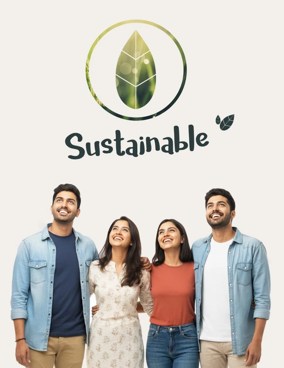 Team of people beneath a 'Sustainable' leaf logo