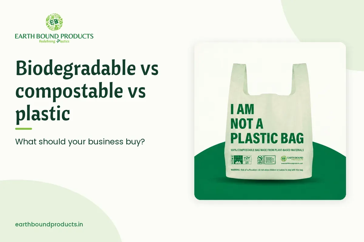 Earth Bound compostable carry bag printed “I am not plastic bag”, with the title Biodegradable vs compostable vs plastic