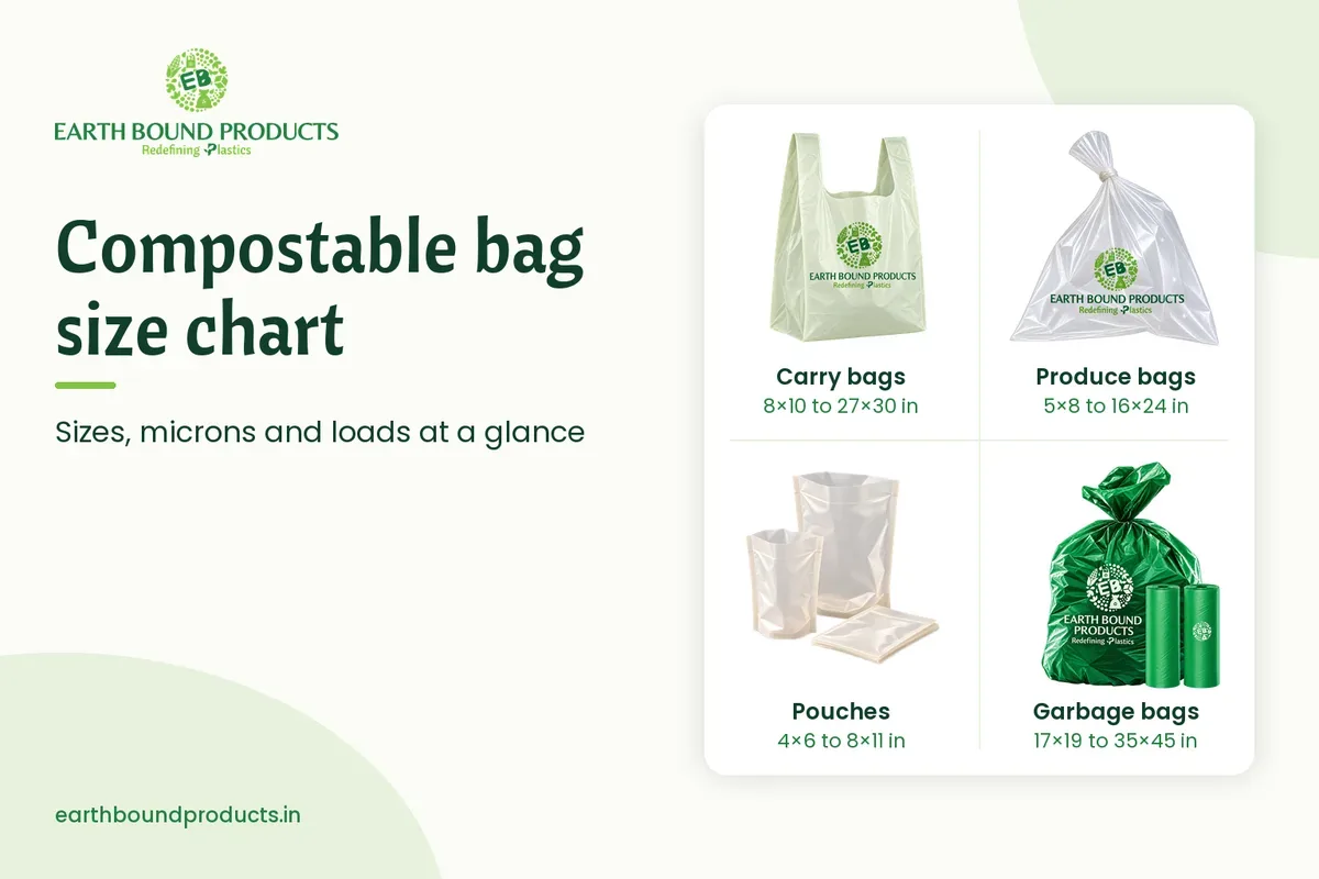 Earth Bound compostable bag sizes: carry bags 8×10 to 27×30 in, produce bags 5×8 to 16×24 in, pouches 4×6 to 8×11 in, garbage bags 17×19 to 35×45 in