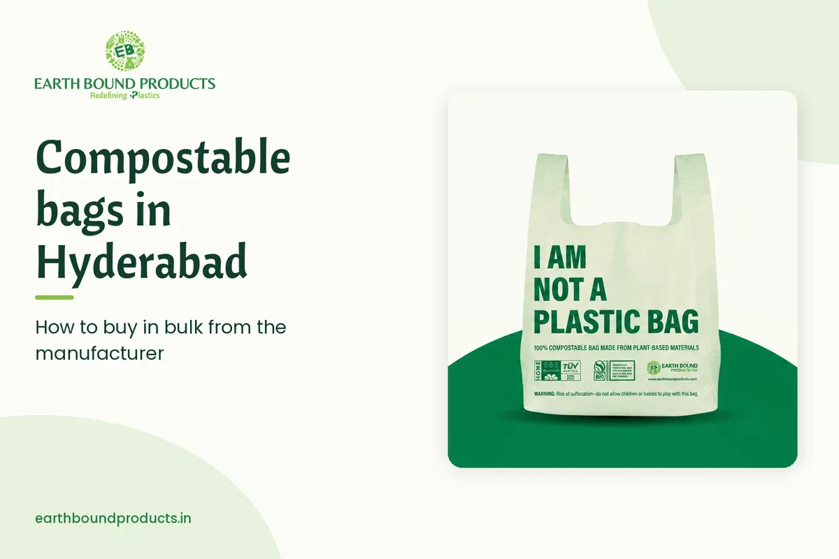 Earth Bound compostable “I am not plastic bag” carry bag, with the title Compostable bags in Hyderabad: how to buy in bulk from the manufacturer