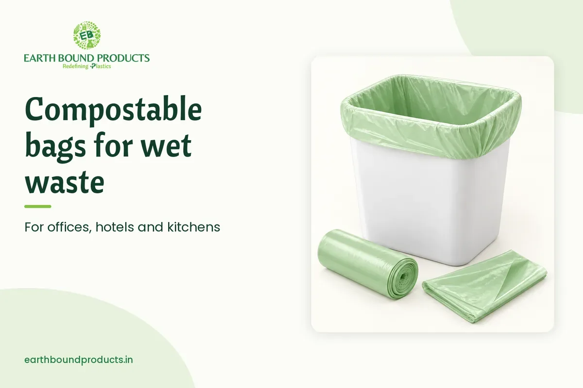 Green compostable garbage bag lining a white bin, with a roll of compostable bin liners, titled Compostable bags for wet waste