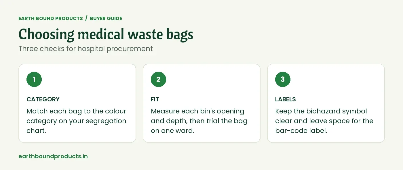 Choosing medical waste bags: match the colour category, fit the bag to the bin, and keep the biohazard symbol and bar-code label space clear