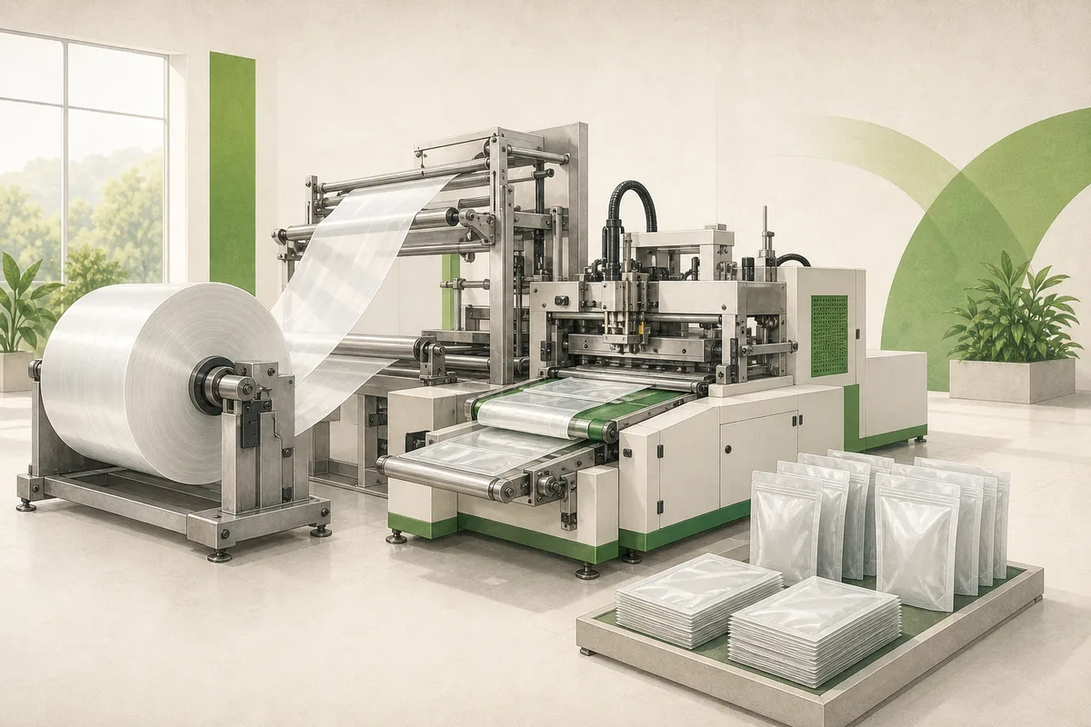 Illustration of flexible packaging film being cut and heat sealed into finished bags