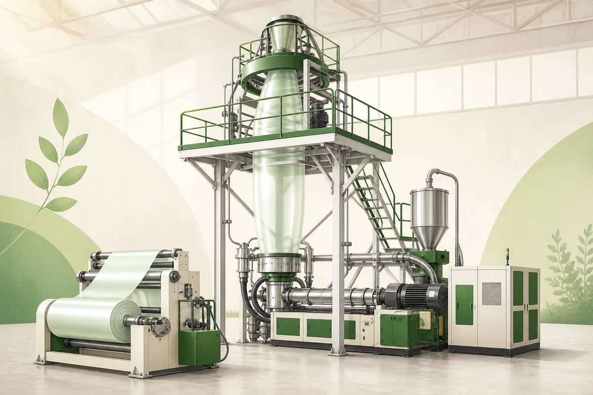 Illustration of a blown-film extrusion line producing flexible packaging film