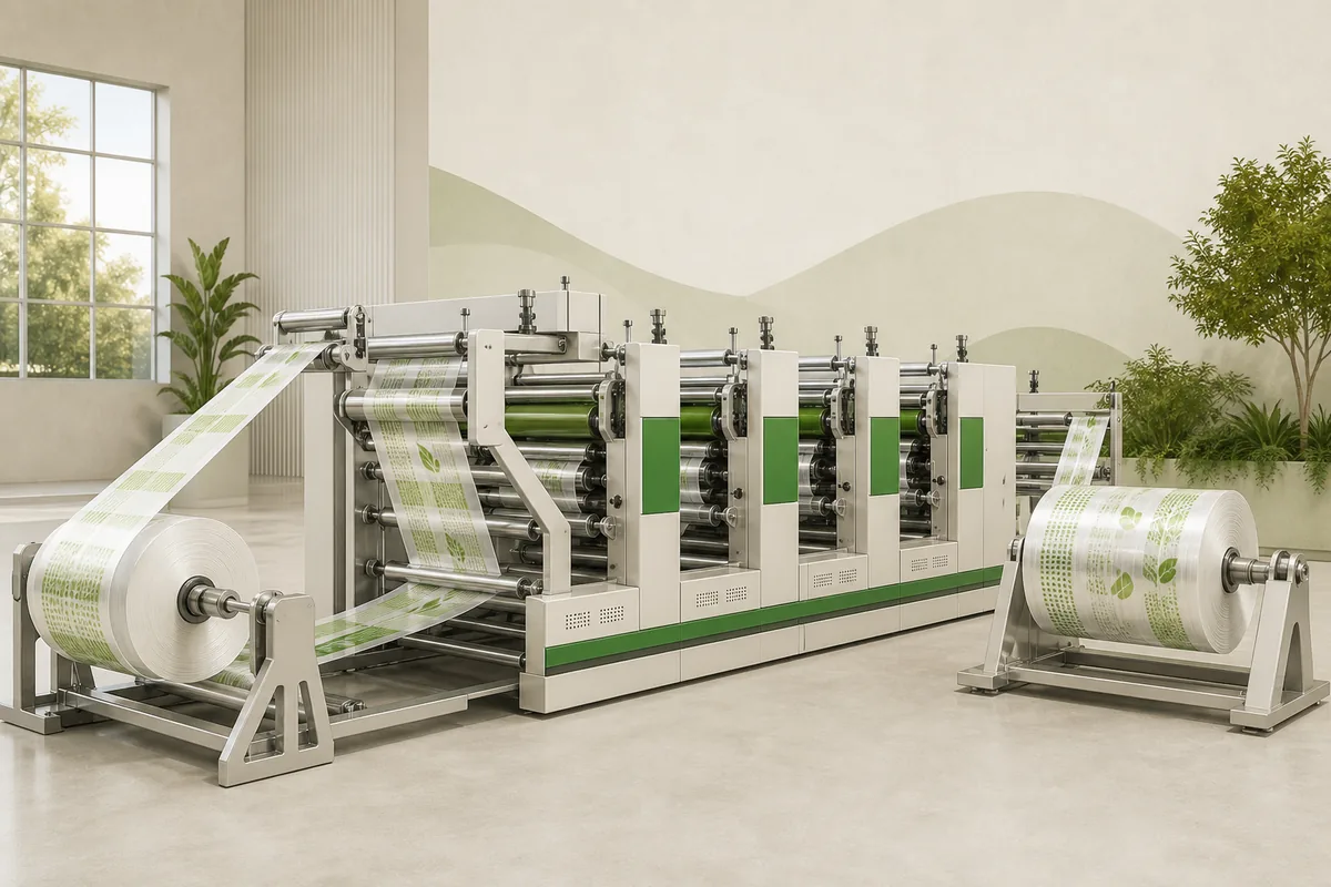 Illustration of roll-to-roll flexographic printing on flexible packaging film