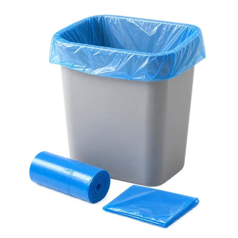 Blue plastic bin liner fitted to a small bin with a matching roll